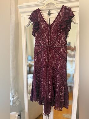NWT Taylor Burgundy Lace High-Low Dress with Ruffle Sleeves